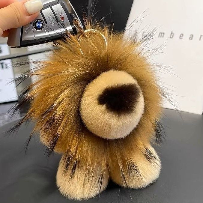 luxury Cute fur little lion car Key/ Bag chain pendant plush leather hanging keyring.