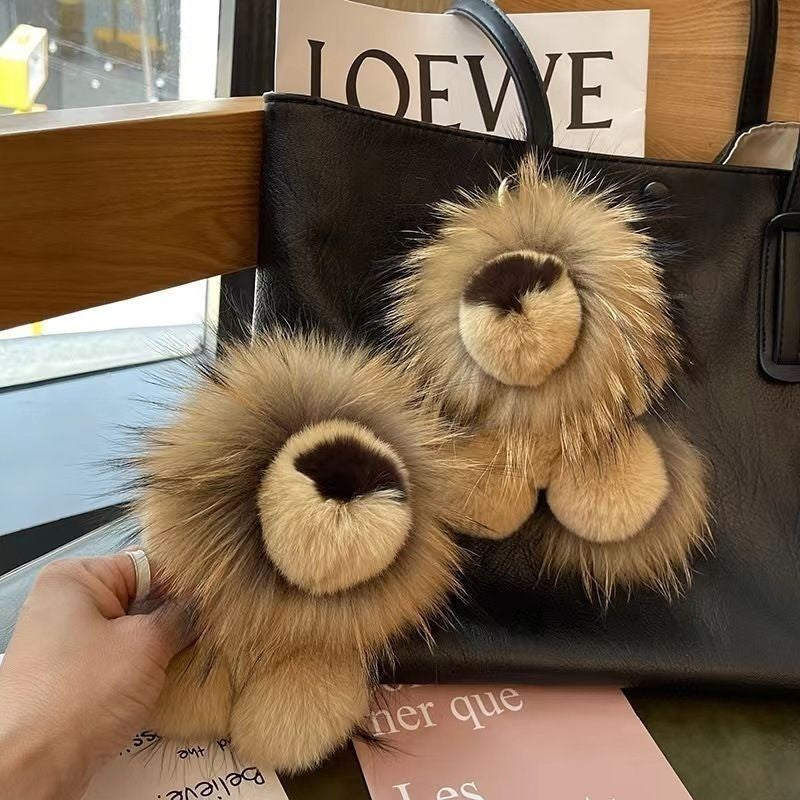 luxury Cute fur little lion car Key/ Bag chain pendant plush leather hanging keyring.