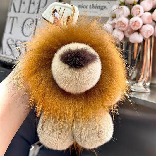 luxury Cute fur little lion car Key/ Bag chain pendant plush leather hanging keyring.